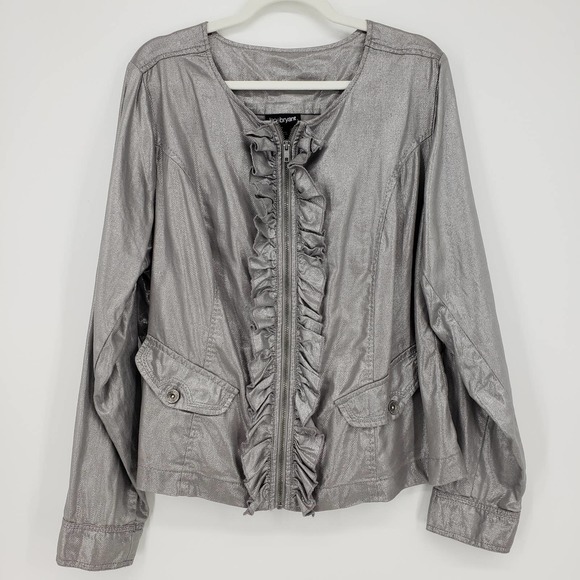 Lane Bryant Zip Up Jacket 18 Ruffle Collarless Linen & Cotton Metallic Silver - Picture 1 of 8